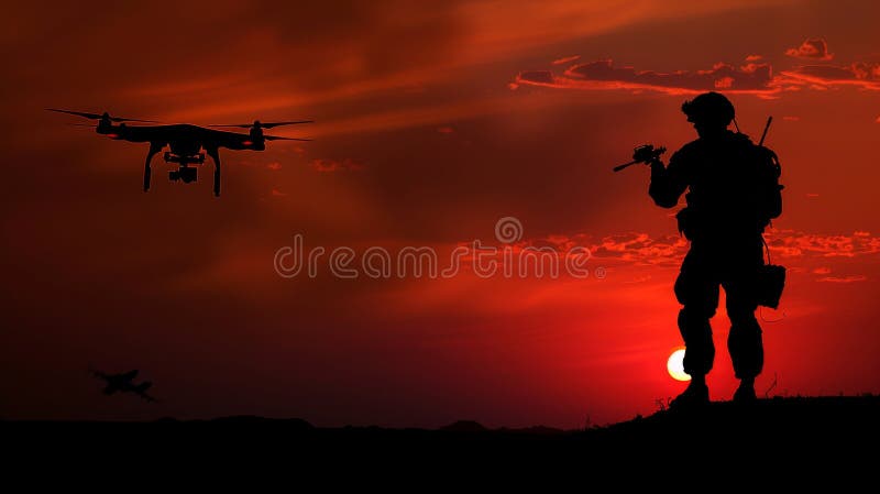 Serviceman controlling drone at sunset, representing modern military tactics and surveillance tech royalty free illustration