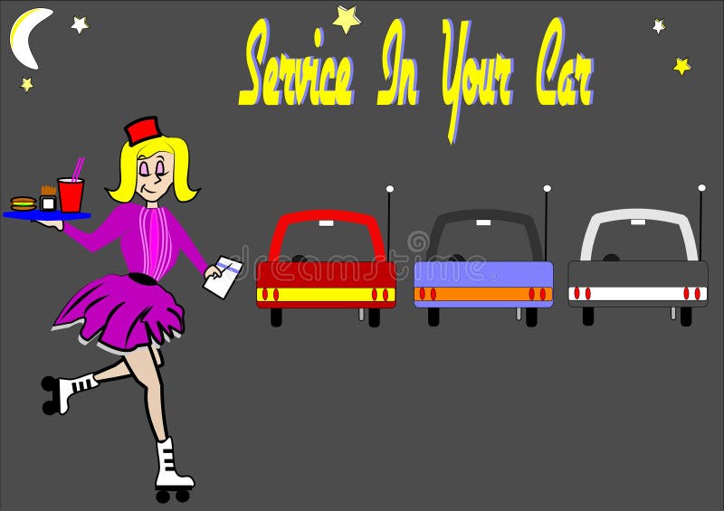 Carhop on roller skates carrying food and beverage to parked cars from restaurant. Carhop on roller skates carrying food and beverage to parked cars from restaurant