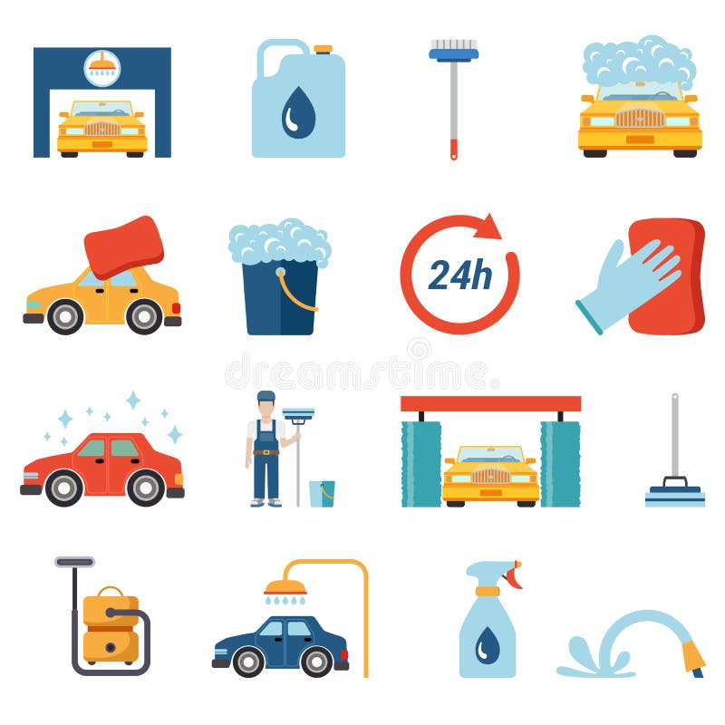 Flat style car wash cleaning service icon set. Wax foam detergent shower water shampoo vacuum cleaner worker stand conceptual icons. Flat style car wash cleaning service icon set. Wax foam detergent shower water shampoo vacuum cleaner worker stand conceptual icons.