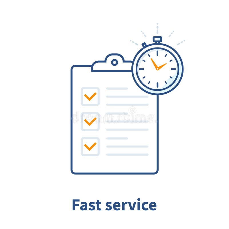 Fast service, simple solution, project management, improvement checklist, survey clipboard, enrollment concept, terms and conditions, time period, vector thin line icon illustration. Fast service, simple solution, project management, improvement checklist, survey clipboard, enrollment concept, terms and conditions, time period, vector thin line icon illustration