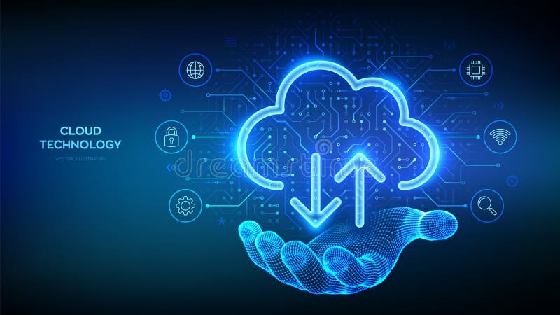Serviciu de cloud computing. Pictograma Nor în mâna scheletului de sârmă. Stocare securizată în cloud. Centrul de date pentru stoc royalty free illustration