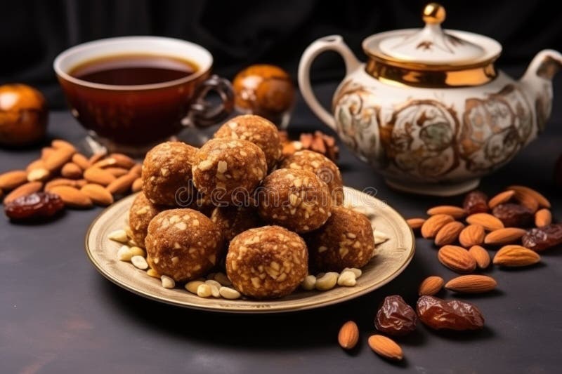 Serving a plate of date and nut balls with tea, created with generative ai AI generated