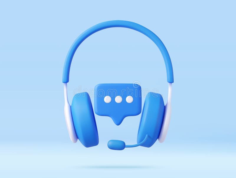 3D headphones with microphone and speech bubble. Hotline support service with headphones. Call center concept. Online user consultation. 3d rendering. Vector illustration. 3D headphones with microphone and speech bubble. Hotline support service with headphones. Call center concept. Online user consultation. 3d rendering. Vector illustration