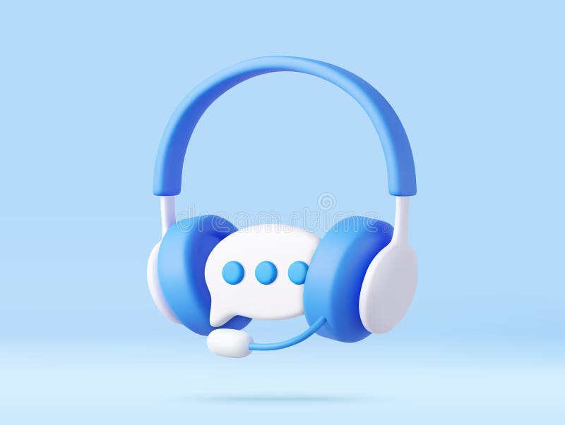 3D headphones with microphone and speech bubble. Hotline support service with headphones. Call center concept. Online user consultation. 3d rendering. Vector illustration. 3D headphones with microphone and speech bubble. Hotline support service with headphones. Call center concept. Online user consultation. 3d rendering. Vector illustration