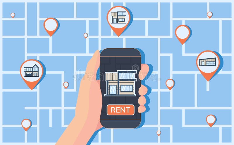Servizio online per l'individuazione, la prenotazione e l'alloggio di affitto Mappa con i segni di geolocation sui precedenti illustrazione di stock Servizio online per l'individuazione, la prenotazione e l'alloggio di affitto Mappa con i segni di geolocation sui precedenti illustrazione di stock