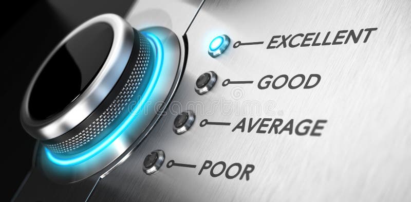 Rating button positioned on the word excellent. Conceptual image for illustration of good customer service and client satisfaction. Rating button positioned on the word excellent. Conceptual image for illustration of good customer service and client satisfaction.