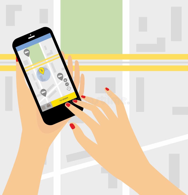 Serviço do táxi Smartphone e écran sensível, arranha-céus da cidade Rede app do transporte, chamando um táxi pelo conceito do tel ilustração royalty free Serviço do táxi Smartphone e écran sensível, arranha-céus da cidade Rede app do transporte, chamando um táxi pelo conceito do tel ilustração royalty free