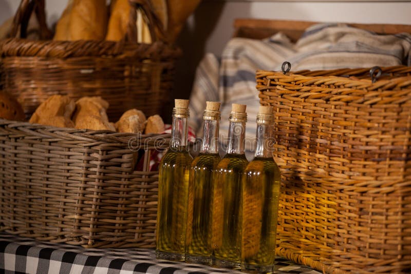Sesame Oil and Bread in Wicker Basket Stock Image Image of bottle