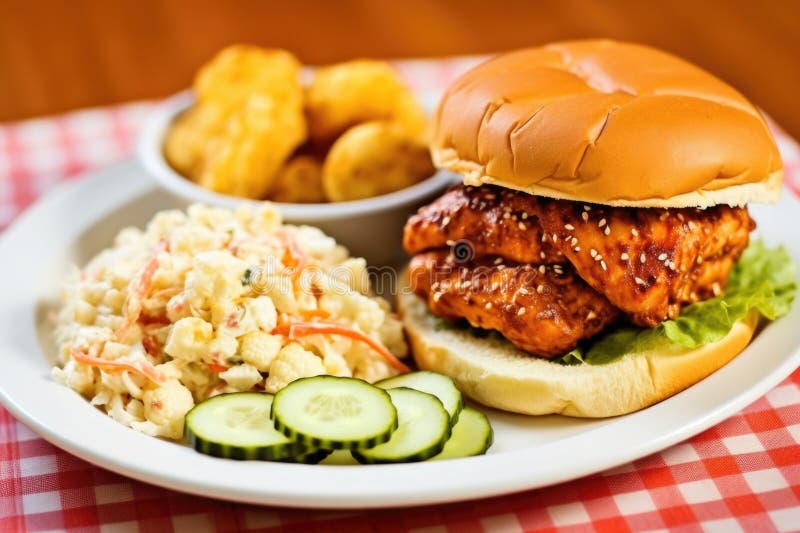 A sesame seed bun barbecue sandwich with a side of potato salad stock images