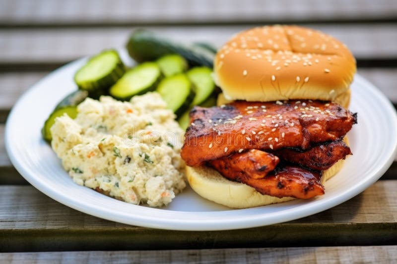 A sesame seed bun barbecue sandwich with a side of potato salad royalty free stock photo