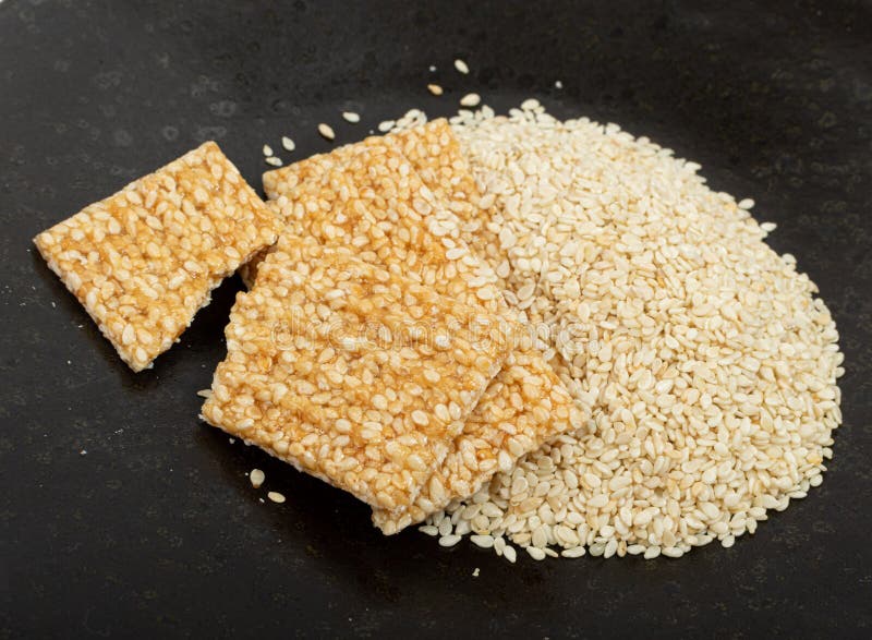 Sesame Snack, Honey Seed Cracker, Sesame Candy Bar on Black Background Stock Photo Image of