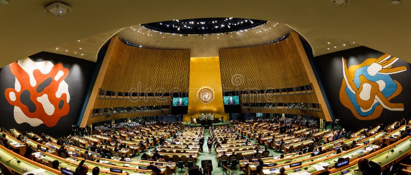 NEW YORK, USA - Sep 20, 2017: Panoramic image of the United Nations Organization Hall during the 72th session of the UN General Assembly. President of Ukraine Petro Poroshenko speaks. NEW YORK, USA - Sep 20, 2017: Panoramic image of the United Nations Organization Hall during the 72th session of the UN General Assembly. President of Ukraine Petro Poroshenko speaks