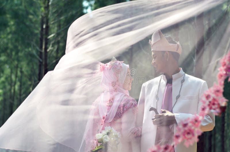 Sesión fotográfica creativa de una novia y de un novio cariñosos malay de los pares imágenes de archivo libres de regalías Sesión fotográfica creativa de una novia y de un novio cariñosos malay de los pares imágenes de archivo libres de regalías
