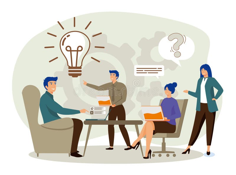 Sessione brainstorming del team con lampadina e idee creative. illustrazione di stock