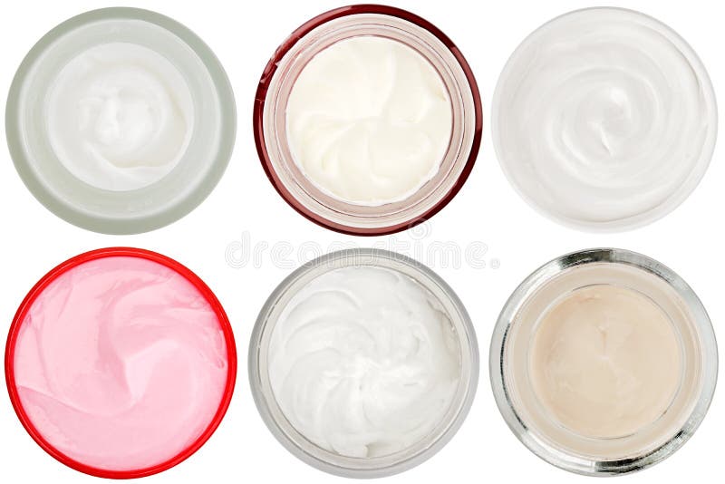 Set of 6 different dermal creams and gels isolated on white