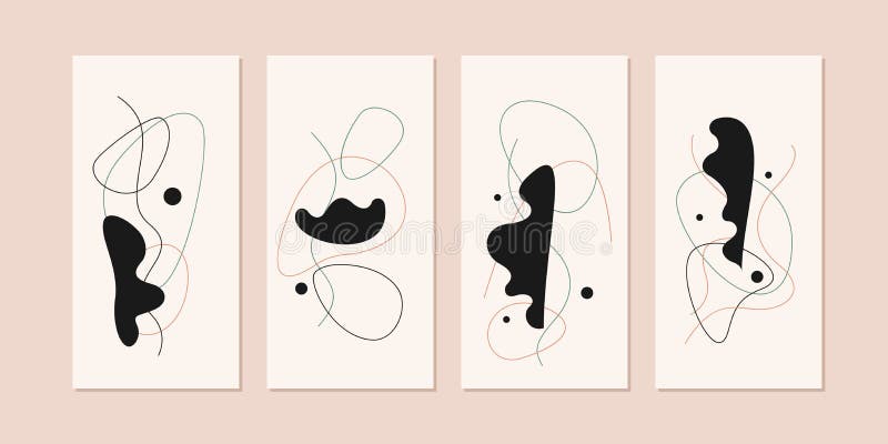 A set of abstract backgrounds in a modern trendy style. Vertical creative posters with simple flat organic shapes. royalty free illustration