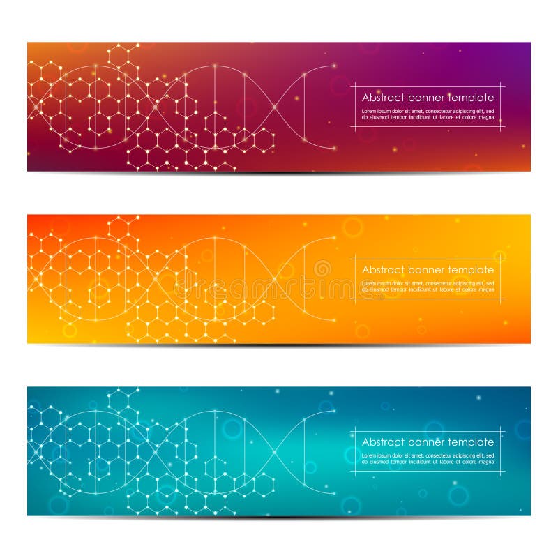 Set of abstract banner design, dna molecule structure background. Geometric graphics and connected lines with dots stock illustration Set of abstract banner design, dna molecule structure background. Geometric graphics and connected lines with dots stock illustration