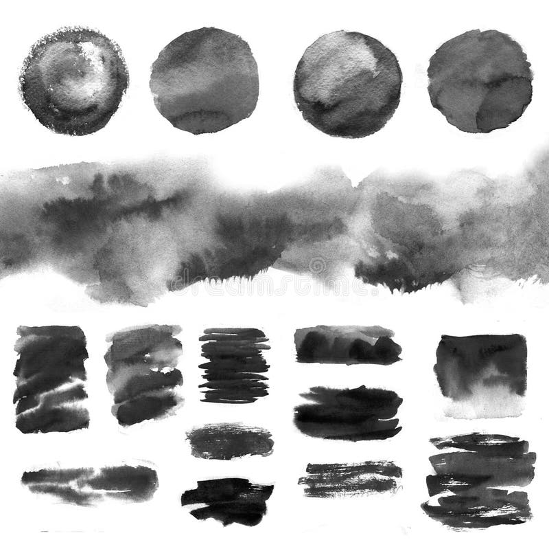 Set of abstract gray brushstrokes, various blots, lines, splatters, and smudges, graphic design elements royalty free illustration