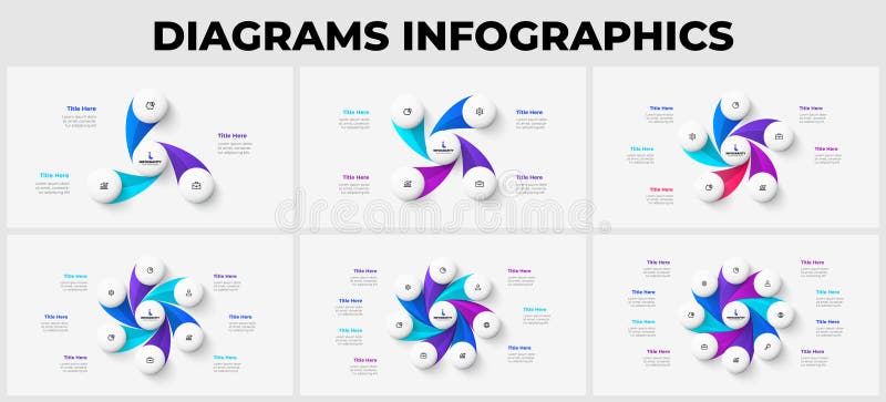 Set of abstract infographics elements for business presentation. Cycle diagrams with 3, 4, 5, 6, 7 and 8 options, parts or steps.