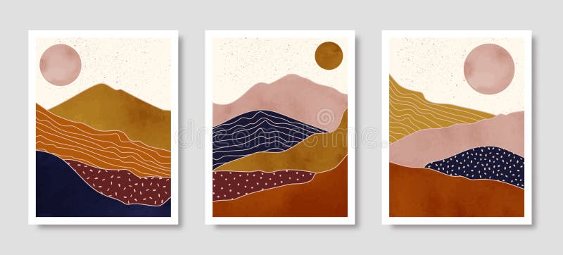 Set abstract landschap van bergen met de zon in een minimale trendy stijl. vectorachtergrond in de kleuren van terracotta