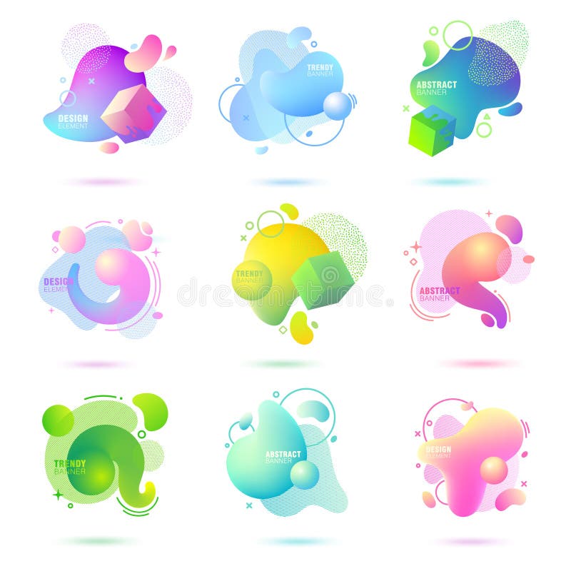 Set of abstract, modern, fluid, trendy gradient banner. Dynamical colored forms with lines, flowing liquid shapes and 3D elements. vector illustration