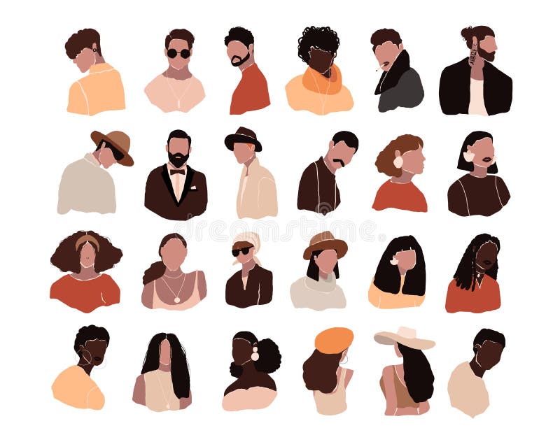 Set of abstract modern women men portraits isolated on white background vector illustration