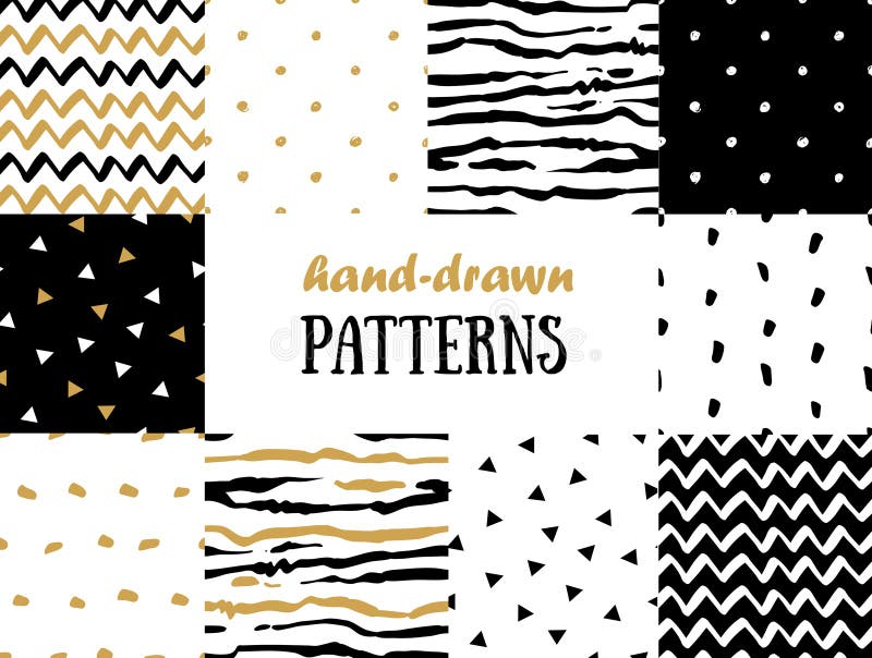 Set of abstract seamless patterns in gold, white and black stock illustration