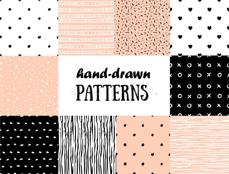 Set of abstract seamless patterns in pink, white and black vector illustration