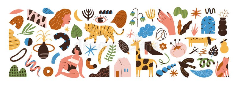 Set of abstract trendy doodle shapes and objects vector flat illustration. Collection of various hand drawn animals stock illustration