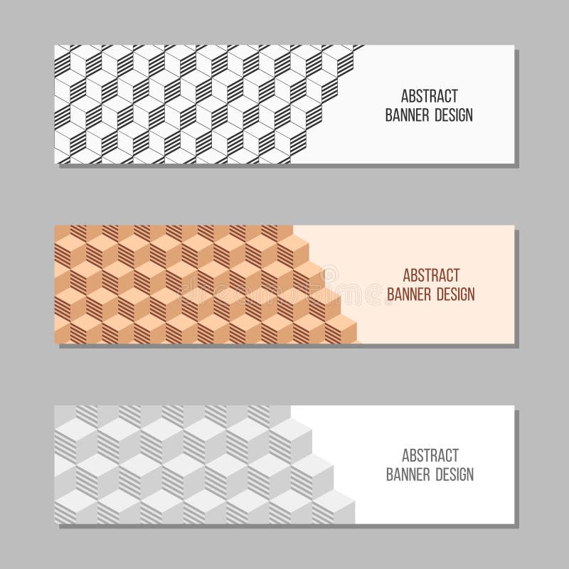 Set of 3 abstract vector banner templates. Banners with geometric elements, isometric cubes stock illustration