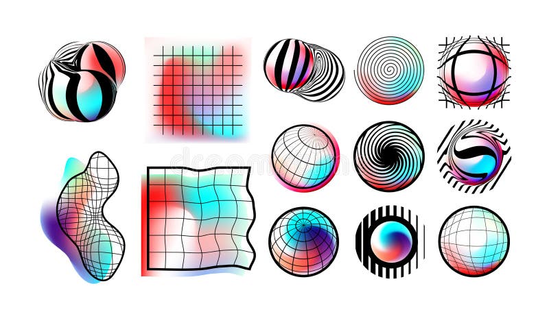 Set of abstract vector geometric objects of round and square shapes, meshes and funnels vector illustration