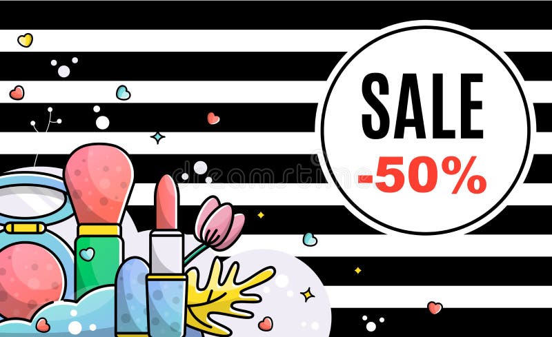 A set of accessories for the beauty of makeup. Powder, lipstick and brush. Striped background. Vector template for banner, card.