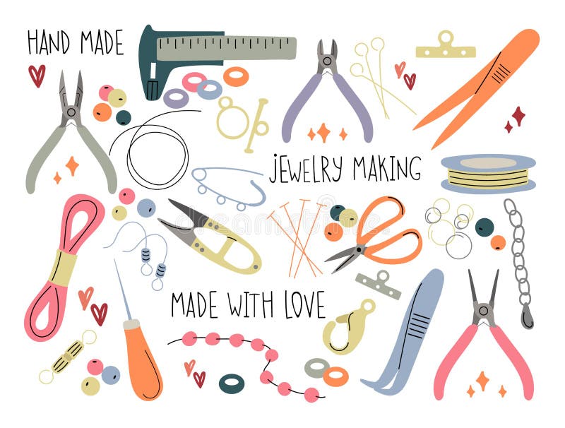 Set of accessories and tools for creating jewelry. The concept of needlework and handwork. Scissors, earrings, clasp, beads