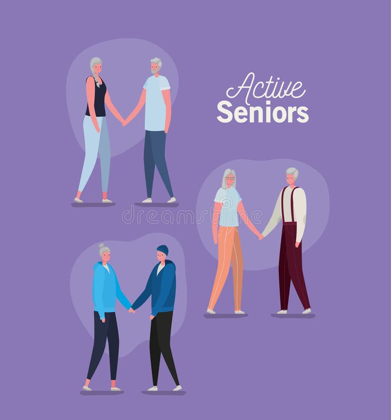 Set Of Active Seniors Woman And Man Cartoons On Purple Background