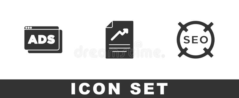 Set Advertising, Document with Graph Chart and SEO Optimization Icon
