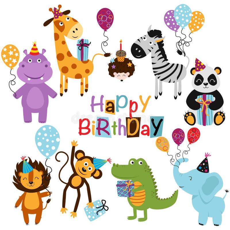 Set of Isolated Happy Birthday Animals - Vector Illustration, Eps Stock ...