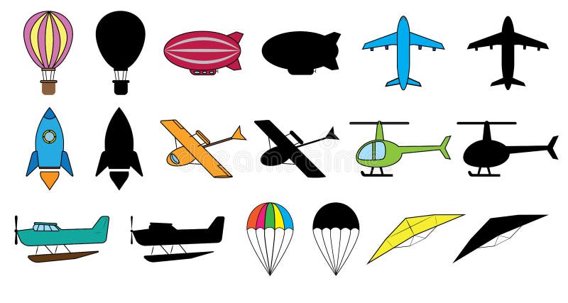 Set of air transports: balloon, dirigible, airplane, space rocket, hydroplane, helicopter, seaplane, parachute, glider. Colorful i