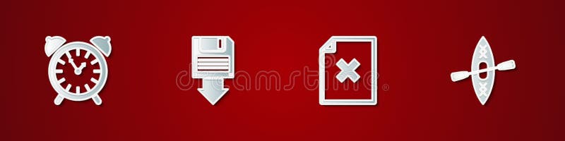 Set Alarm clock, Floppy disk backup, Delete file document and Kayak and paddle icon. Vector.