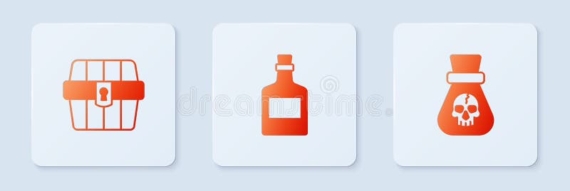 Set Alcohol drink Rum, Antique treasure chest and Pirate coin. White square button. Vector royalty free illustration