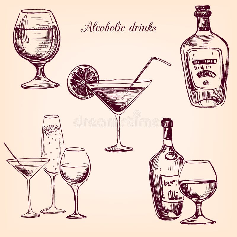 Set of alcohol drinks stock illustration. Illustration of element