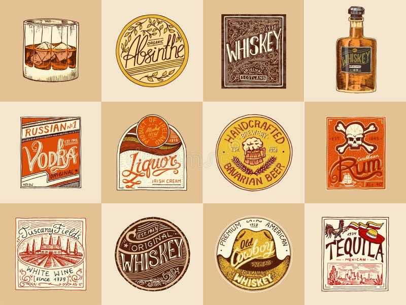 Set of Alcohol Labels. Vintage American badge with calligraphic elements. Rum Whiskey Beer. Hand drawn engraved stock illustration
