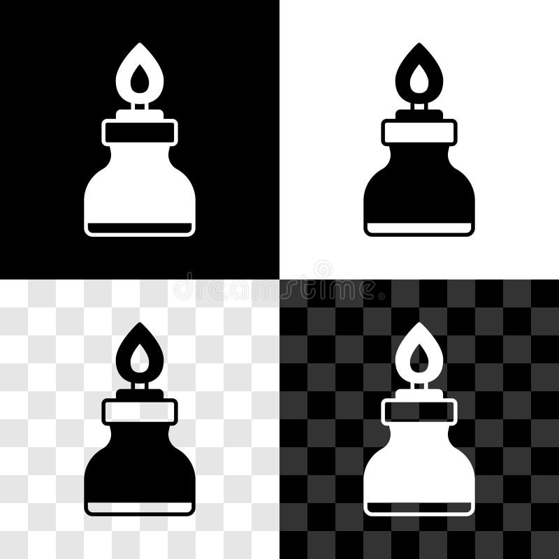 Set Alcohol or spirit burner icon isolated on black and white, transparent background. Chemical equipment. Vector