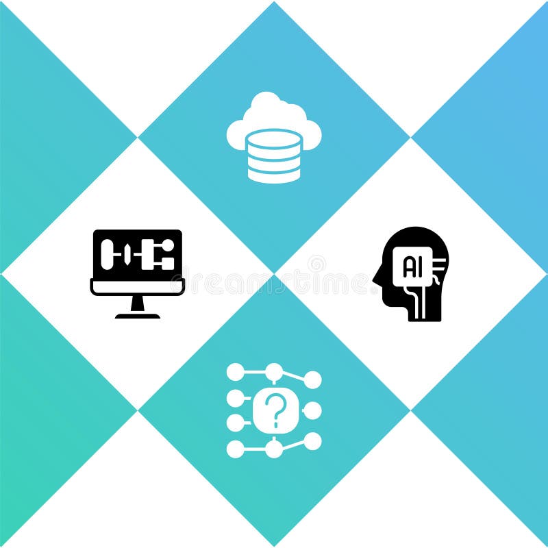 Set Algorithm, Neural network, Cloud database and Humanoid robot icon. Vector stock illustration