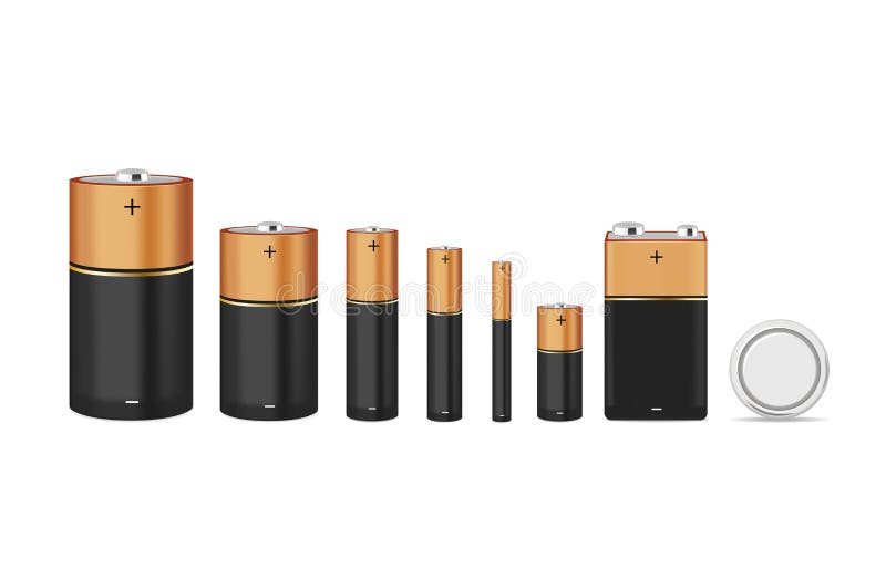 Set of alkaline batteries of various sizes AA, C, D, AAAA, 9-volt, button for your design, vector