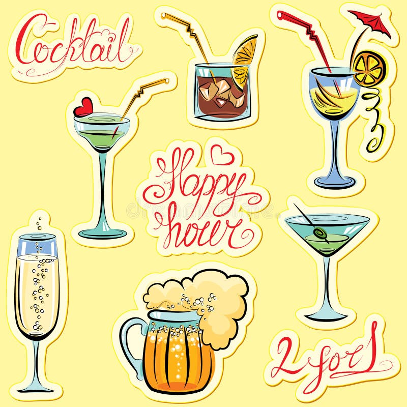 Set of alkohol drinks images and hand written text