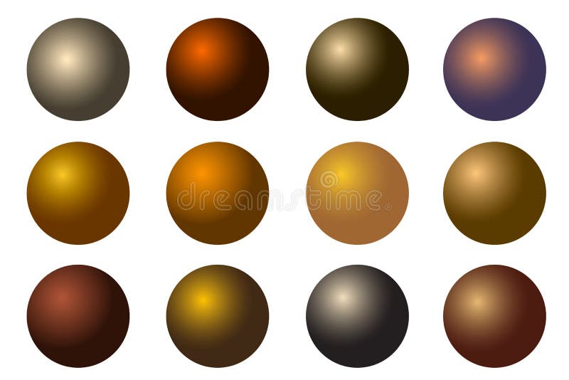 Set of all metal balls of gold silver brass copper platinum. stock illustration