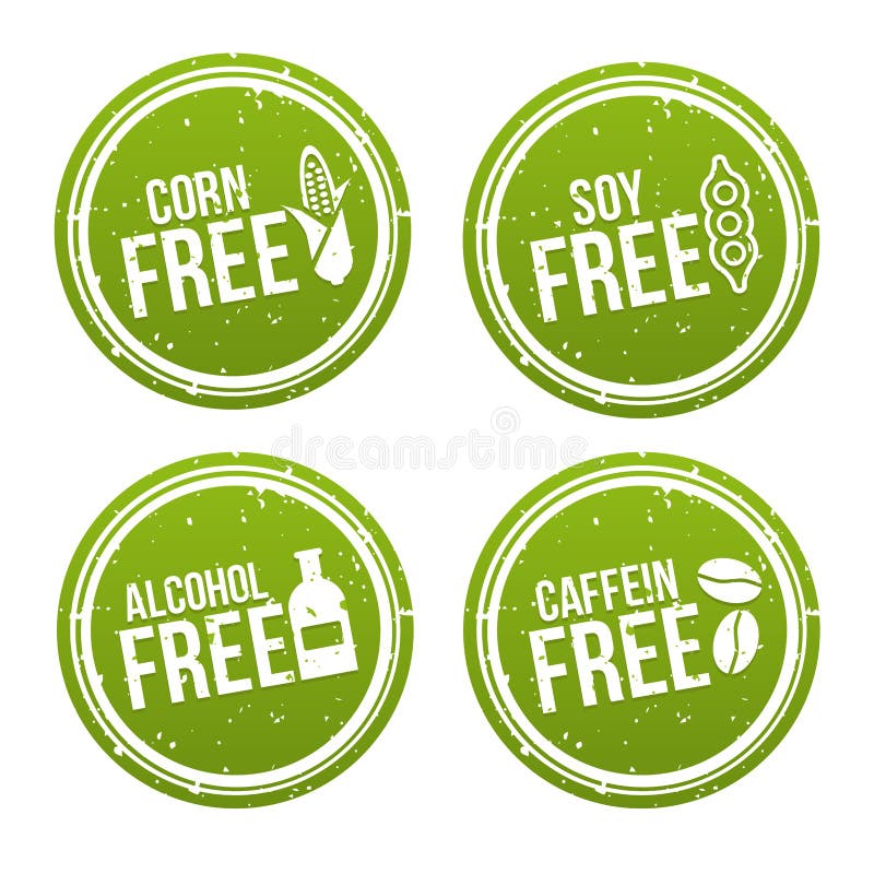 Set of Allergen free Badges. Corn free, Soy free, Alcohol free, Caffein free. Vector hand drawn Signs. Can be used for packaging D