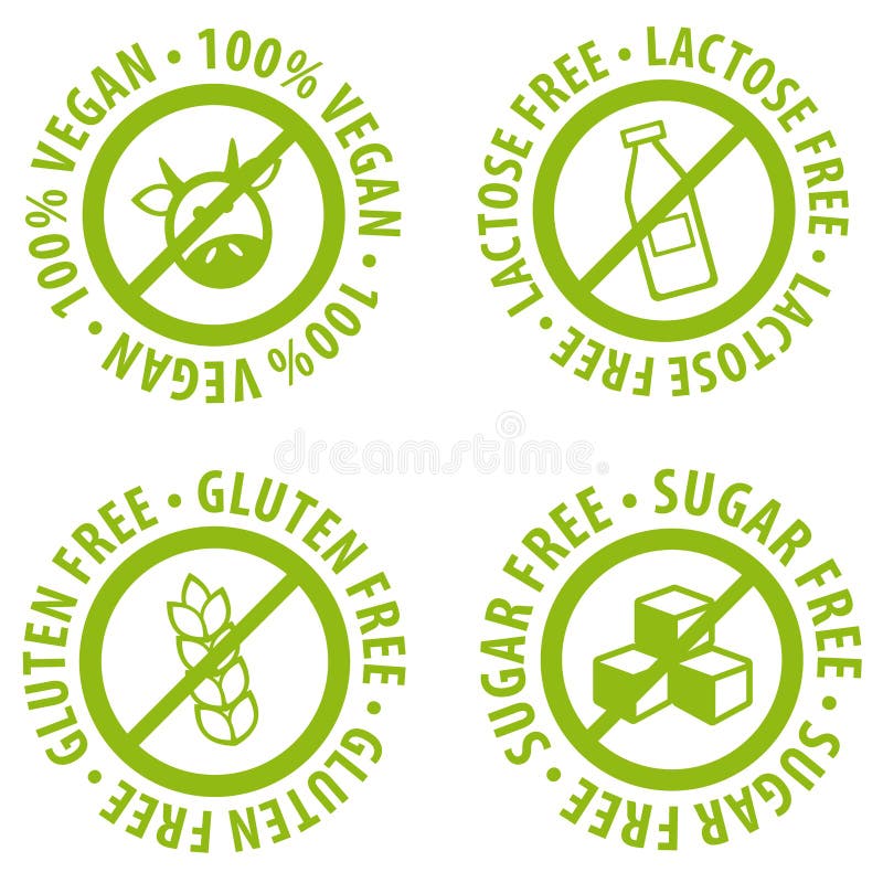 Set of Allergen free Badges. Lactose free, Gluten free, Sugar free, 100 Vegan. Vector hand drawn Signs. Can be used for packaging