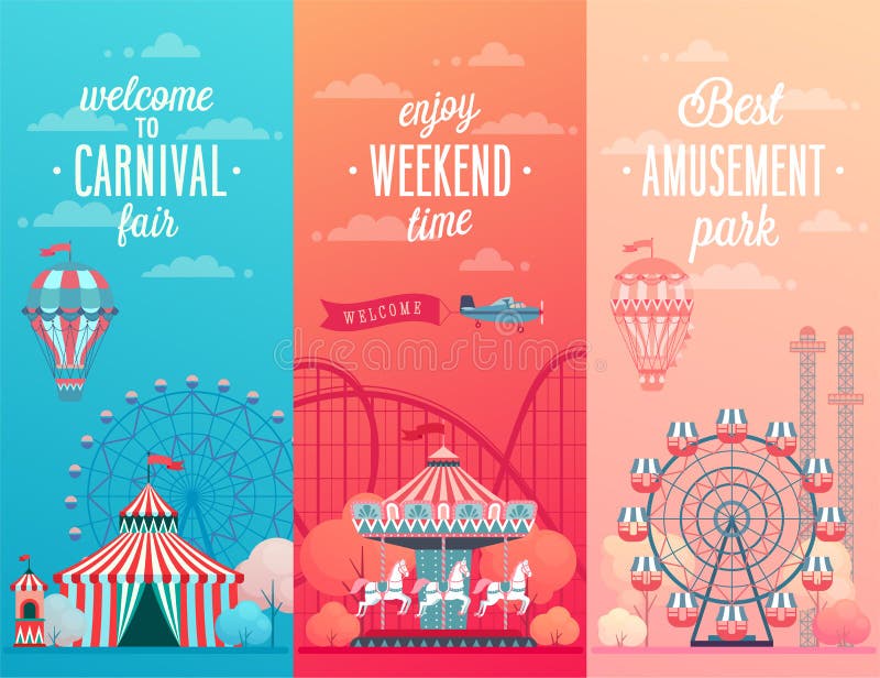 Set of Amusement park landscape banners with carousels