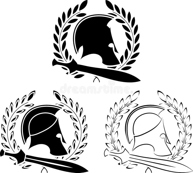 Set of ancient helmets with swords and laurel wreaths